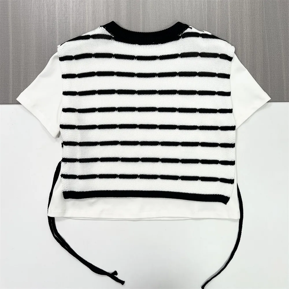Custom women's striped top Side-opening lace-up design Sexy T-shirt