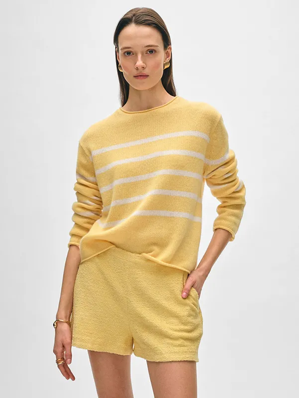 Women&rsquo;s Roll Trim Cream Yellow Stripe Sweater