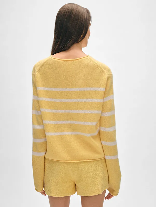 Women&rsquo;s Roll Trim Cream Yellow Stripe Sweater