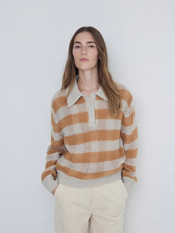 Custom Polo Neck Plaid Knit Women's Sweater