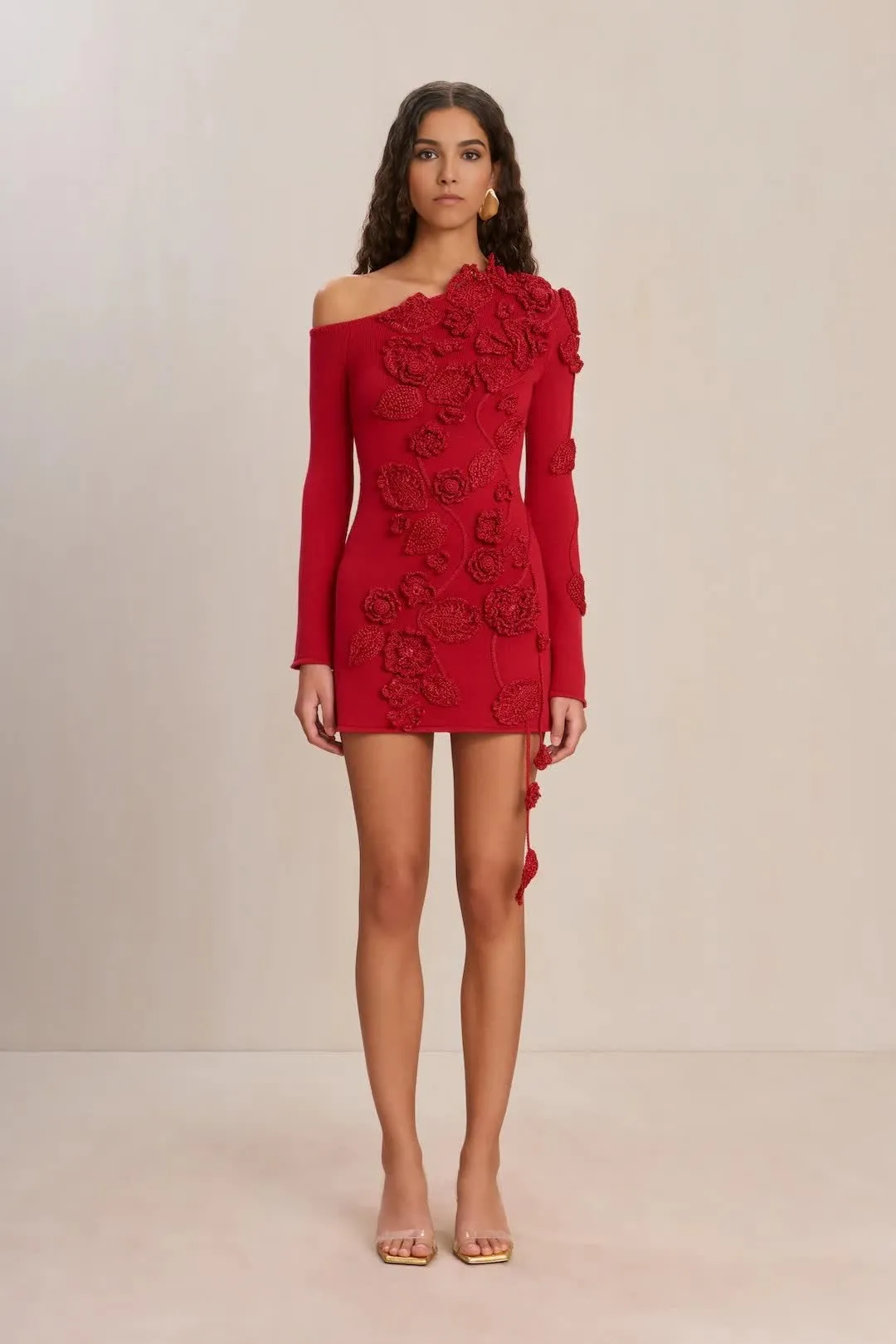 Stunning Red Off-the-Shoulder Floral Embroidered Knit Dress with 3D Roses & Tassel Detailing&mdash;Long Sleeves, Bodycon Fit, & Chic Femininity for Elegant Evenings