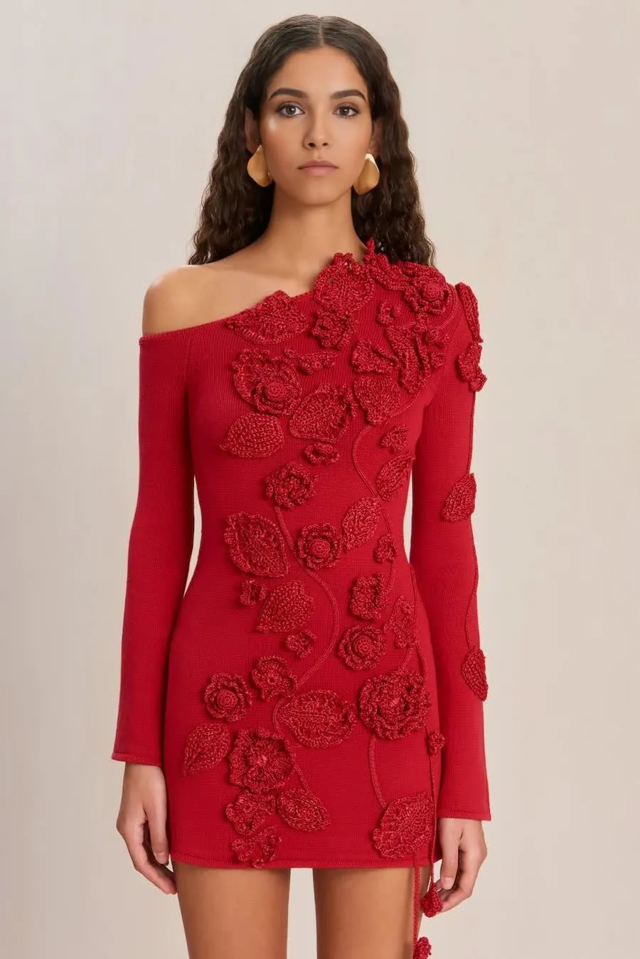 Stunning Red Off-the-Shoulder Floral Embroidered Knit Dress with 3D Roses & Tassel Detailing&mdash;Long Sleeves, Bodycon Fit, & Chic Femininity for Elegant Evenings