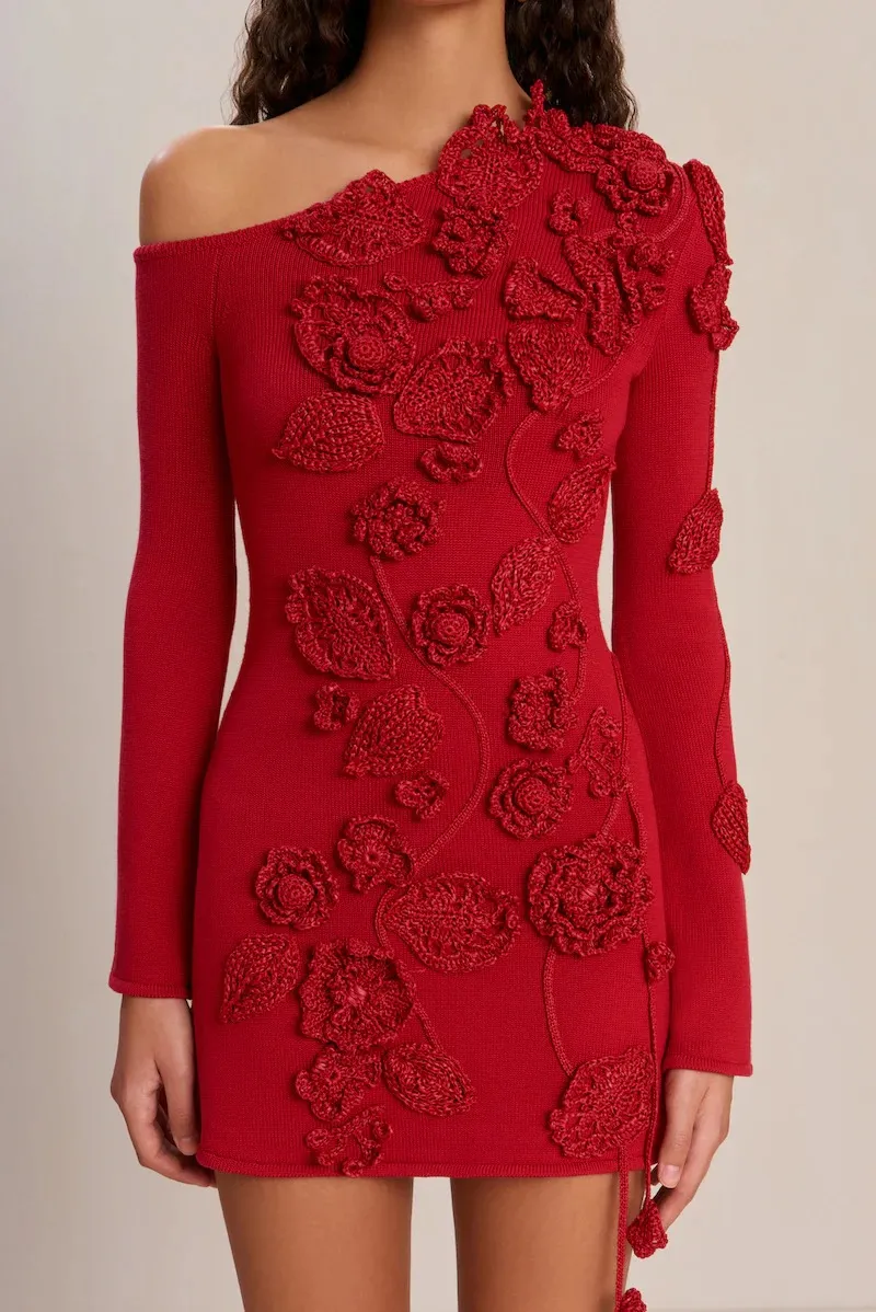 Stunning Red Off-the-Shoulder Floral Embroidered Knit Dress with 3D Roses & Tassel Detailing&mdash;Long Sleeves, Bodycon Fit, & Chic Femininity for Elegant Evenings