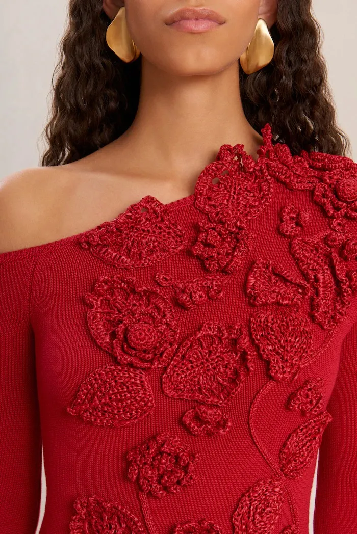 Stunning Red Off-the-Shoulder Floral Embroidered Knit Dress with 3D Roses & Tassel Detailing&mdash;Long Sleeves, Bodycon Fit, & Chic Femininity for Elegant Evenings