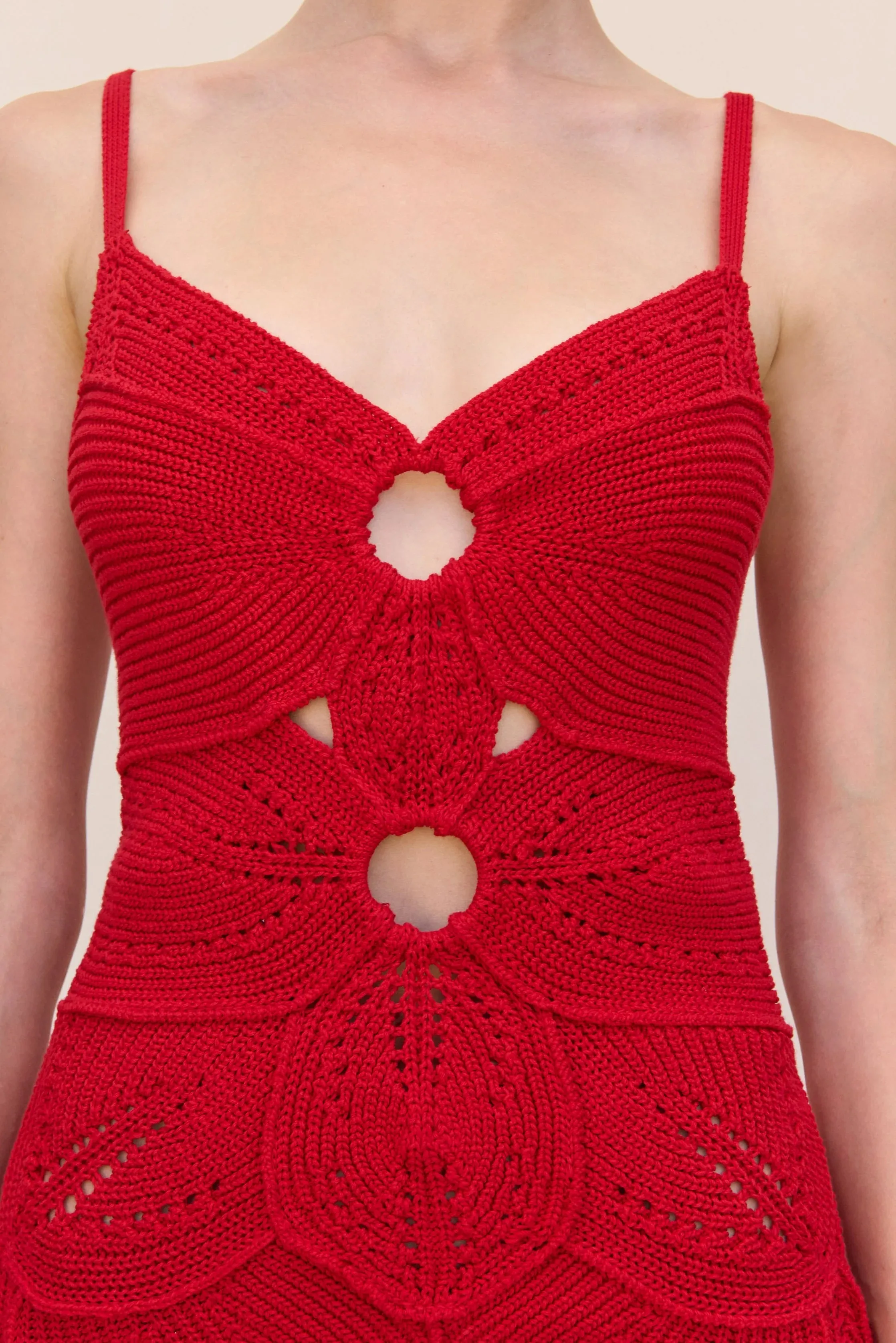Customizable Red Strappy Hollow Knit Short Dress Deep V Neckline & Back with Delicate Hollow Ornaments Mini Dresses