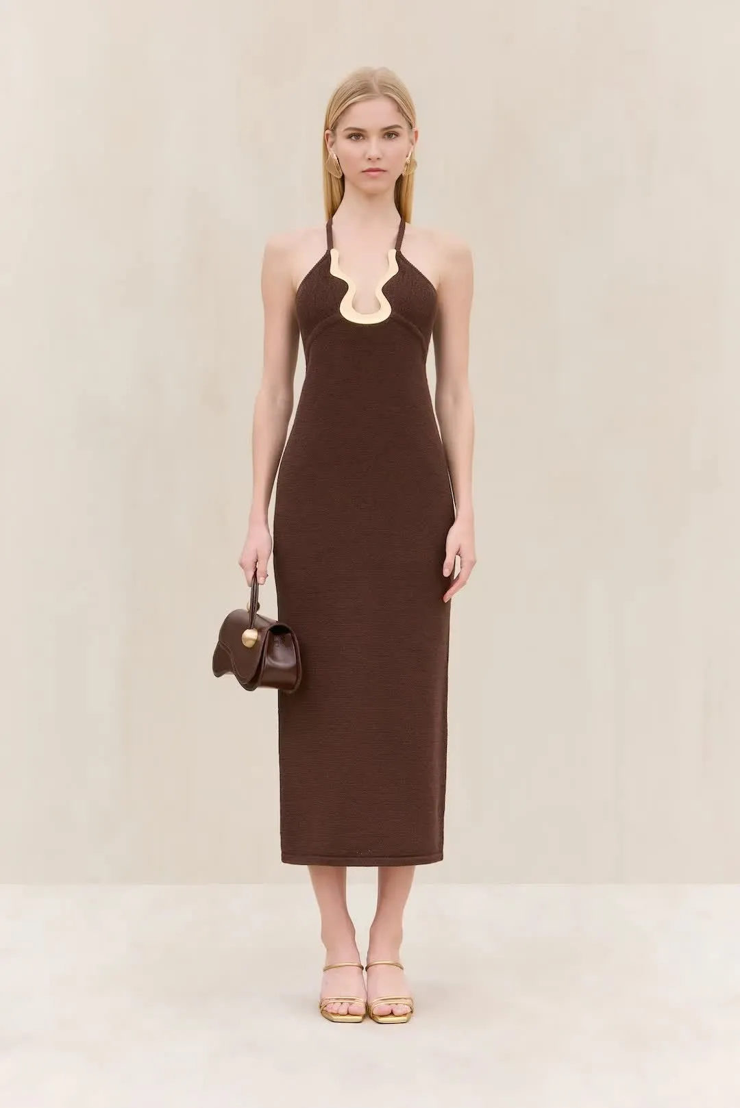 Brown Knit Off-Shoulder Crisscross High-Waisted Dress with Geo Chest Detail Hugging Fit, Midi Length, Elegant Style