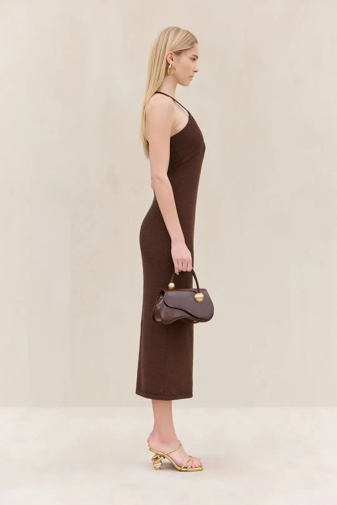 Brown Knit Off-Shoulder Crisscross High-Waisted Dress with Geo Chest Detail Hugging Fit, Midi Length, Elegant Style