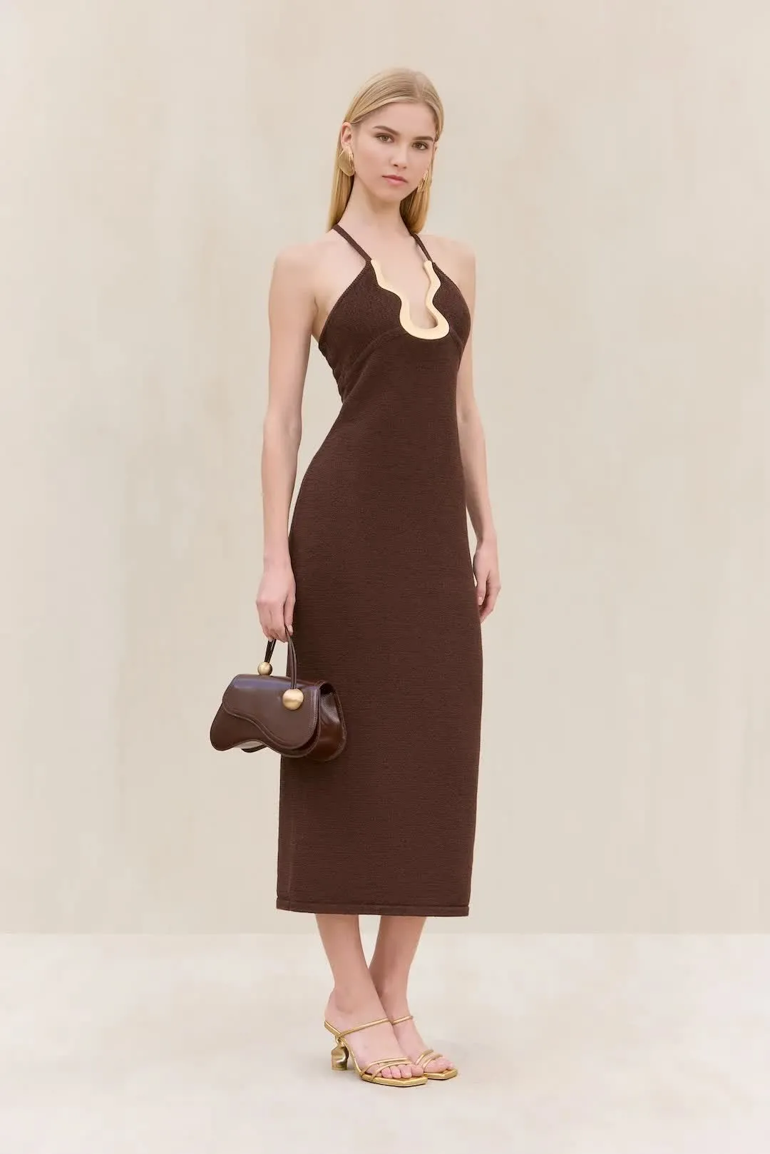 Brown Knit Off-Shoulder Crisscross High-Waisted Dress with Geo Chest Detail Hugging Fit, Midi Length, Elegant Style