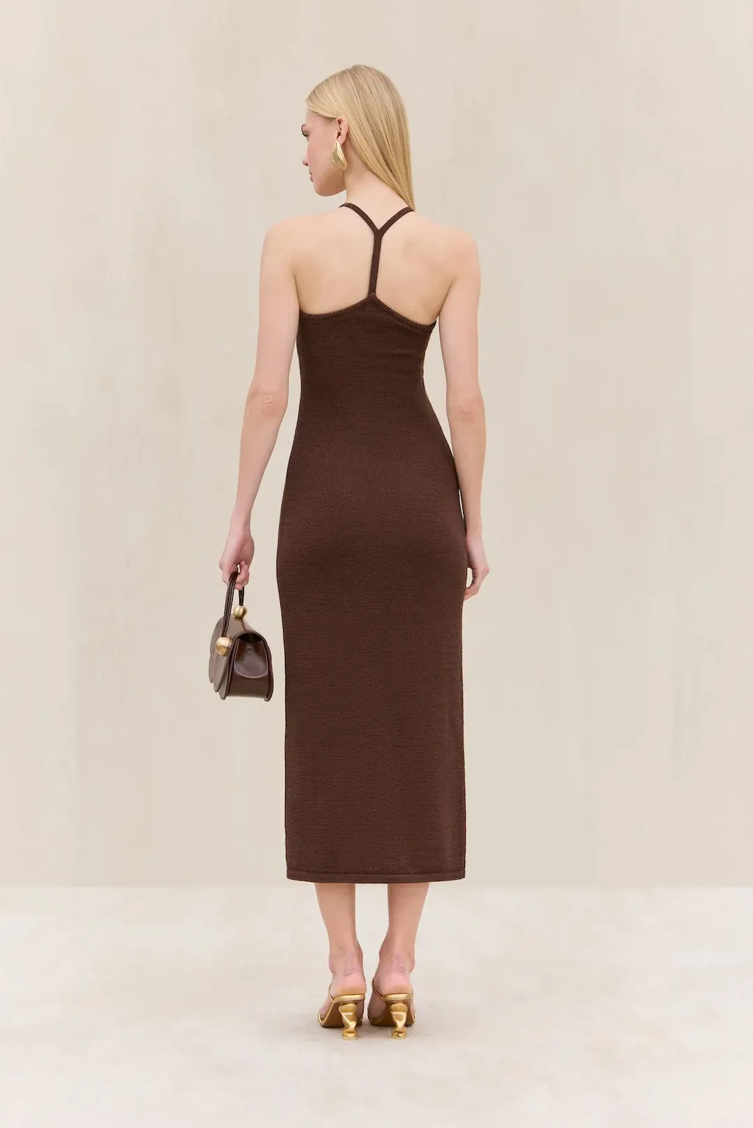 Brown Knit Off-Shoulder Crisscross High-Waisted Dress with Geo Chest Detail Hugging Fit, Midi Length, Elegant Style
