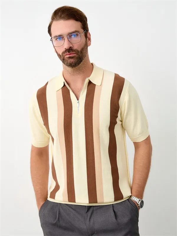 Custom quarter zipper vertical stripes design knitted polo shirt