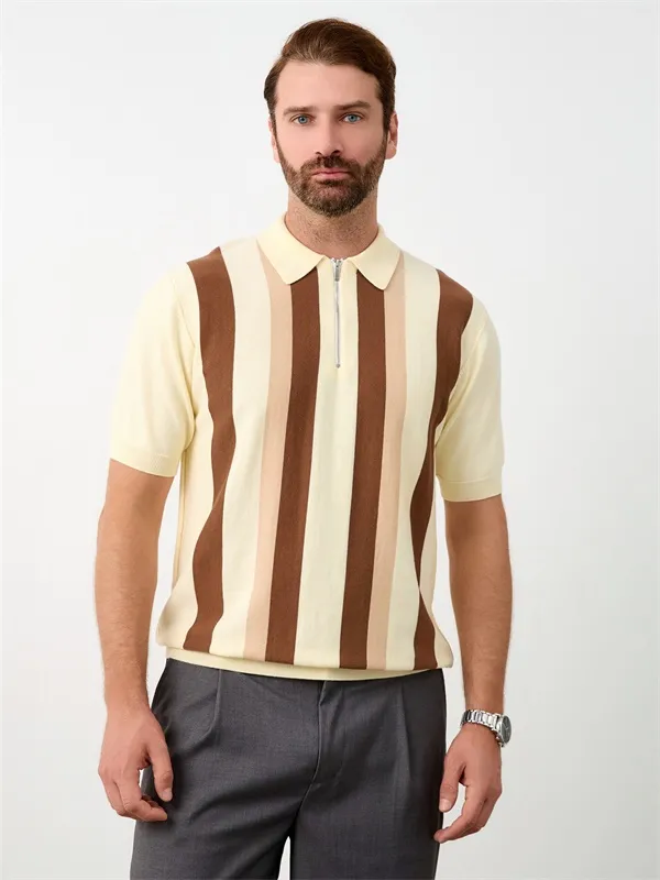 Custom quarter zipper vertical stripes design knitted polo shirt