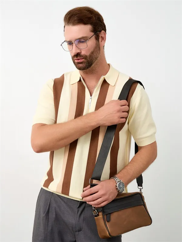 Custom quarter zipper vertical stripes design knitted polo shirt