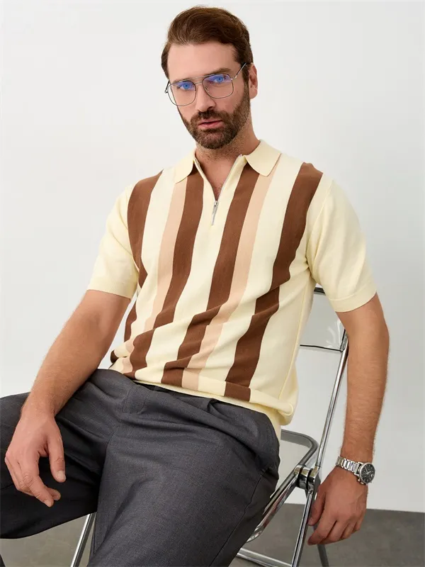 Custom quarter zipper vertical stripes design knitted polo shirt