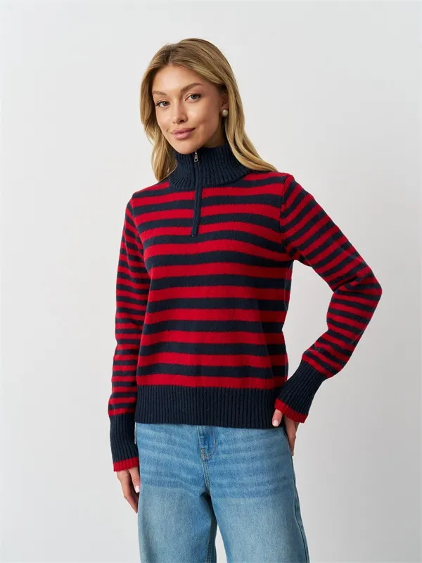 Costom quarter zipper stripes design turn up neck women's sweater