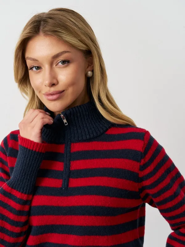 Costom quarter zipper stripes design turn up neck women's sweater