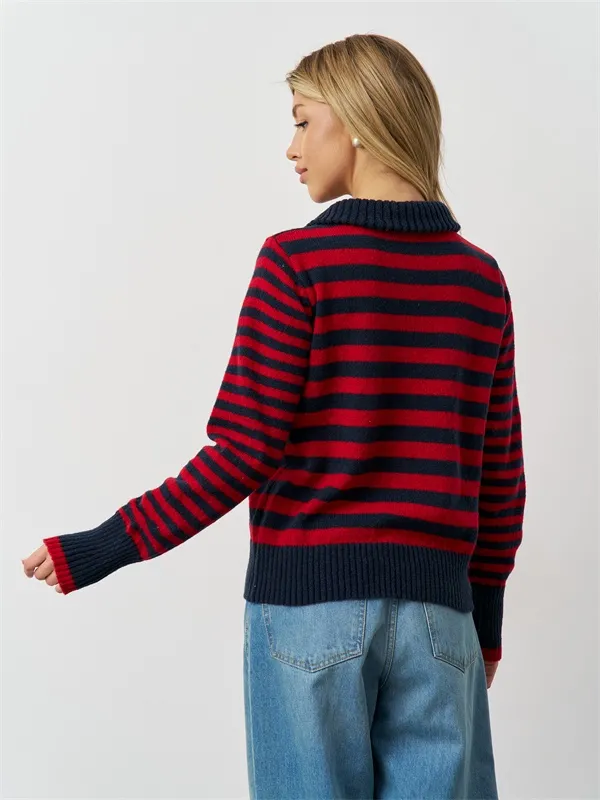 Costom quarter zipper stripes design turn up neck women's sweater
