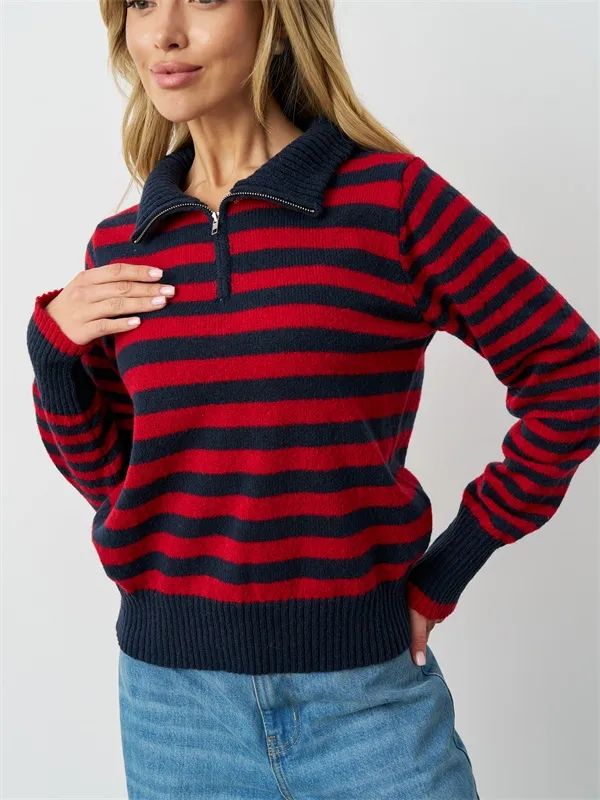 Costom quarter zipper stripes design turn up neck women's sweater