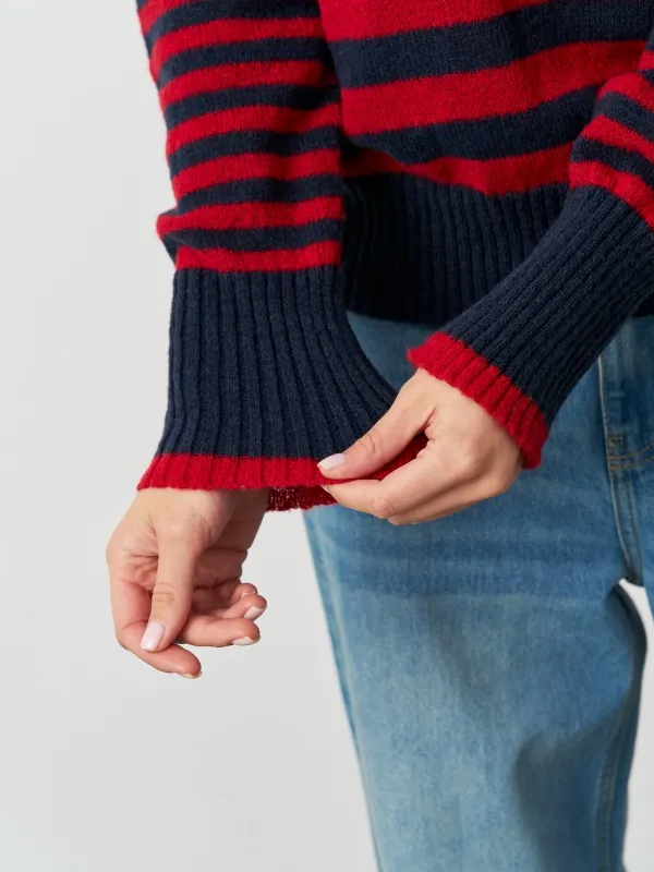 Costom quarter zipper stripes design turn up neck women's sweater