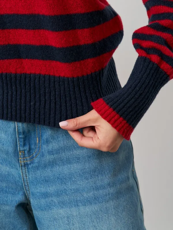 Costom quarter zipper stripes design turn up neck women's sweater