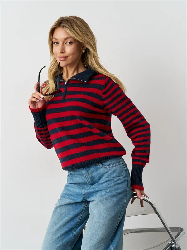 Costom quarter zipper stripes design turn up neck women's sweater