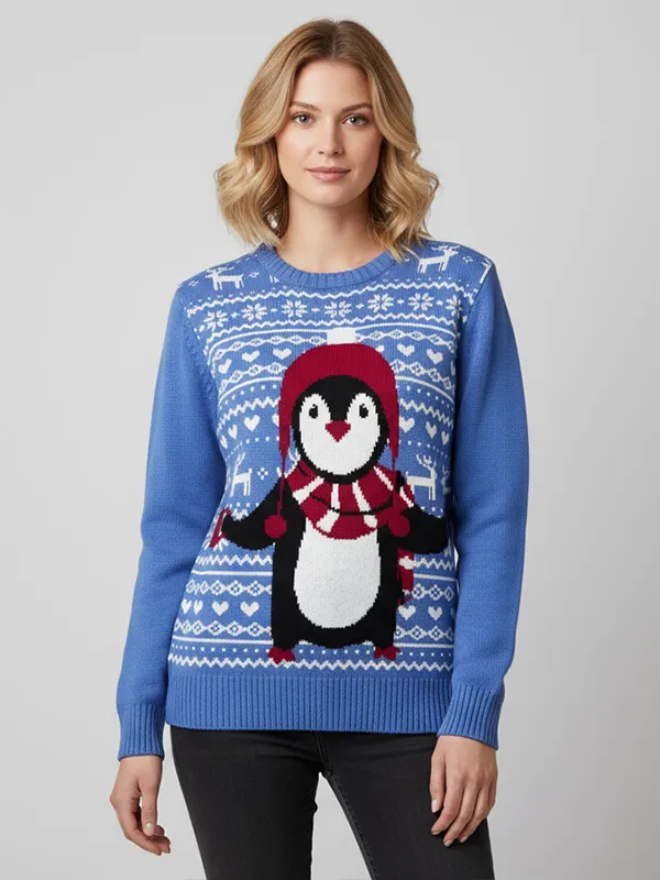 Custom Fnjia Xmas Sweater for women Blue penguin pattern Christmas Jumper