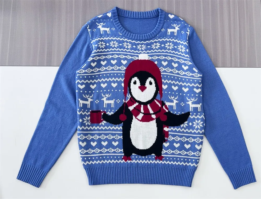 Custom Fnjia Xmas Sweater for women Blue penguin pattern Christmas Jumper