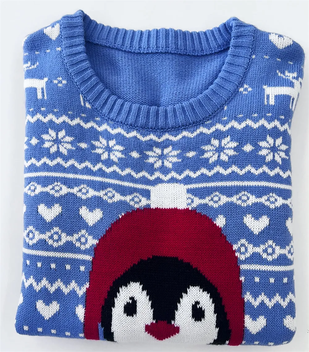 Custom Fnjia Xmas Sweater for women Blue penguin pattern Christmas Jumper