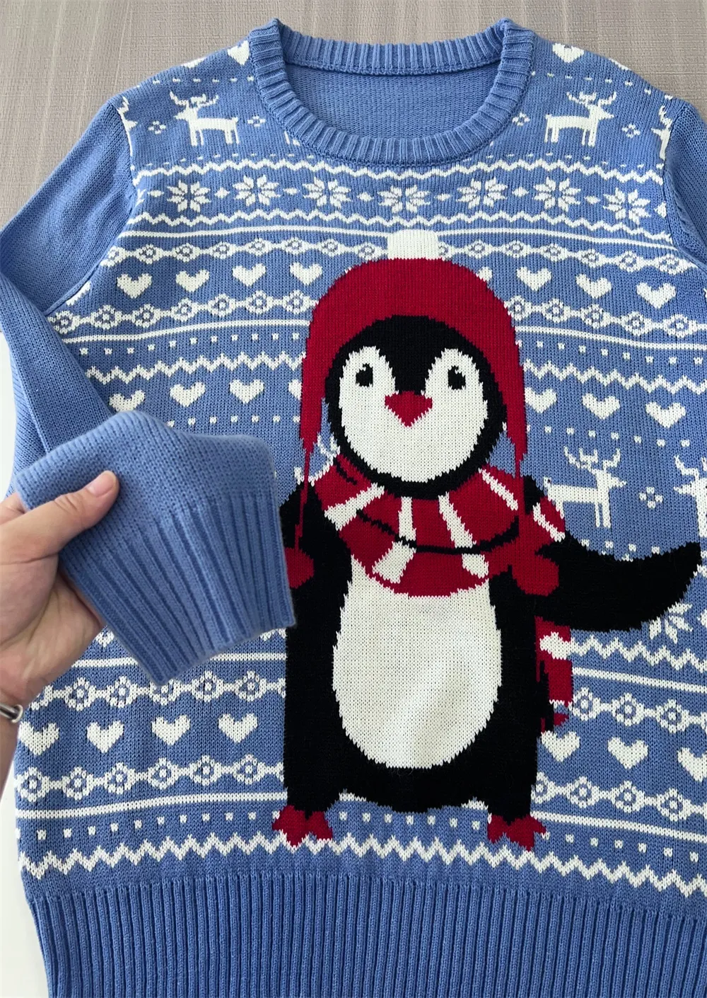 Custom Fnjia Xmas Sweater for women Blue penguin pattern Christmas Jumper