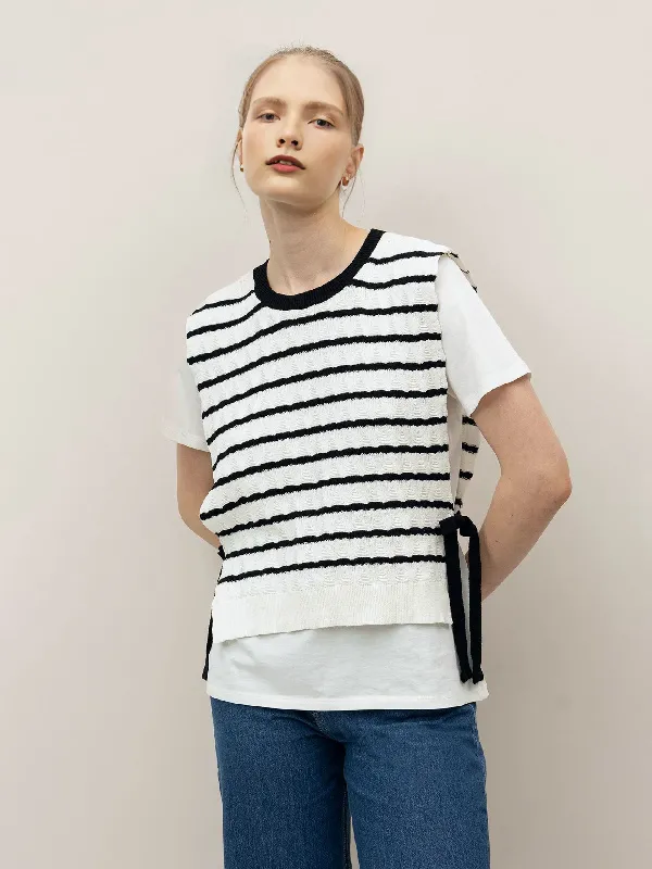 Custom women's striped top Side-opening lace-up design Sexy T-shirt