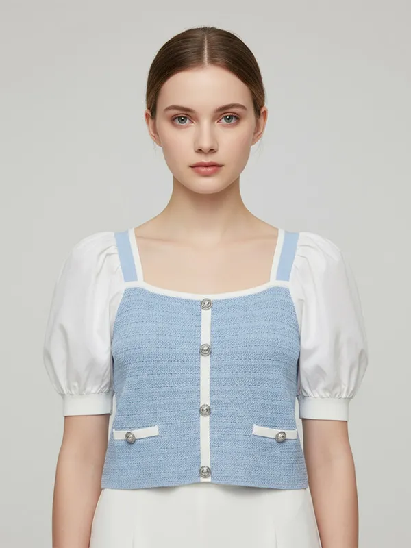 Custom FNJIA Chic Chanel-inspired Style Puff Sleeve Mini Women's Fashion Cardigan