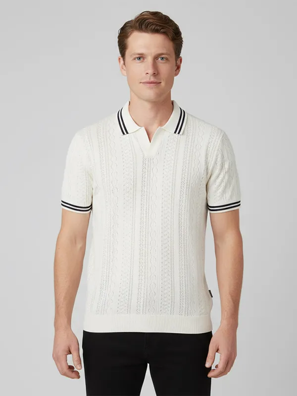 Men's Custom White Knitted Polo Shirt with Striped Details for B2B Tailoring