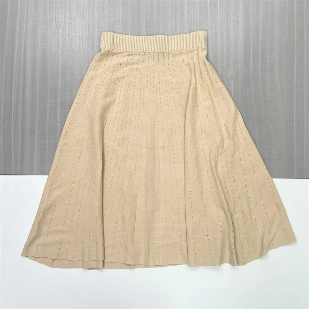 Women's Custom Beige Knitted Co-ord Set: Puff-Sleeve Top & Flared Midi Skirt for Tailored Elegance