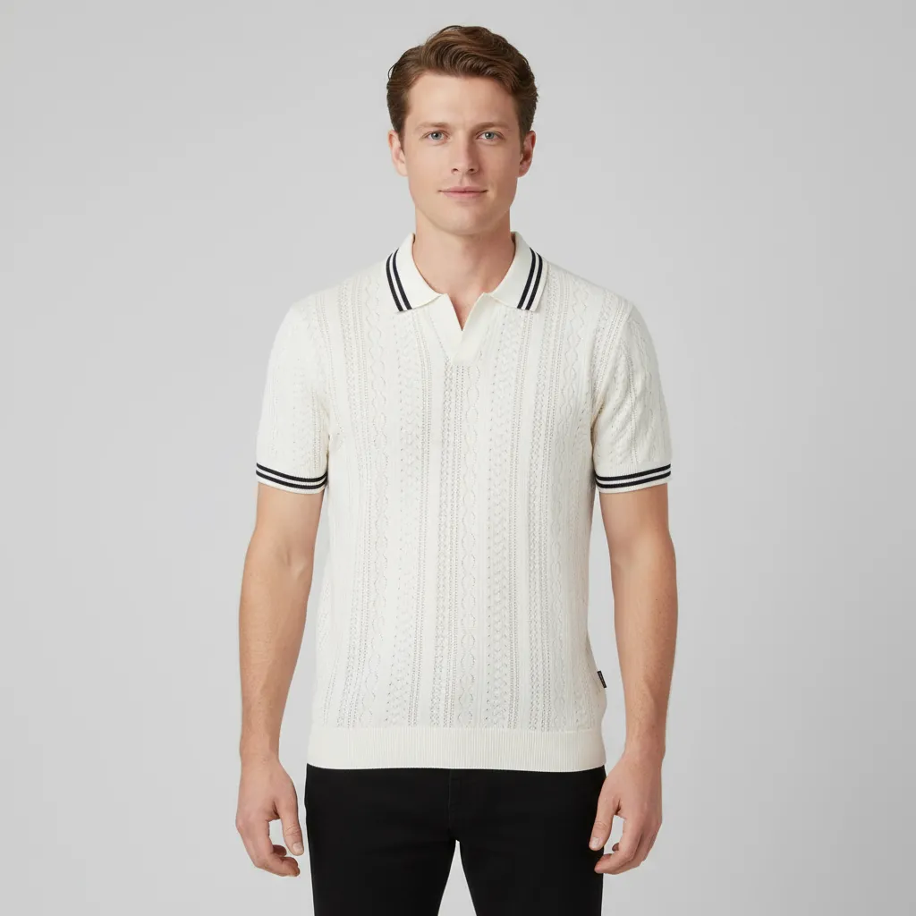 Men's Custom White Knitted Polo Shirt with Striped Details for B2B Tailoring