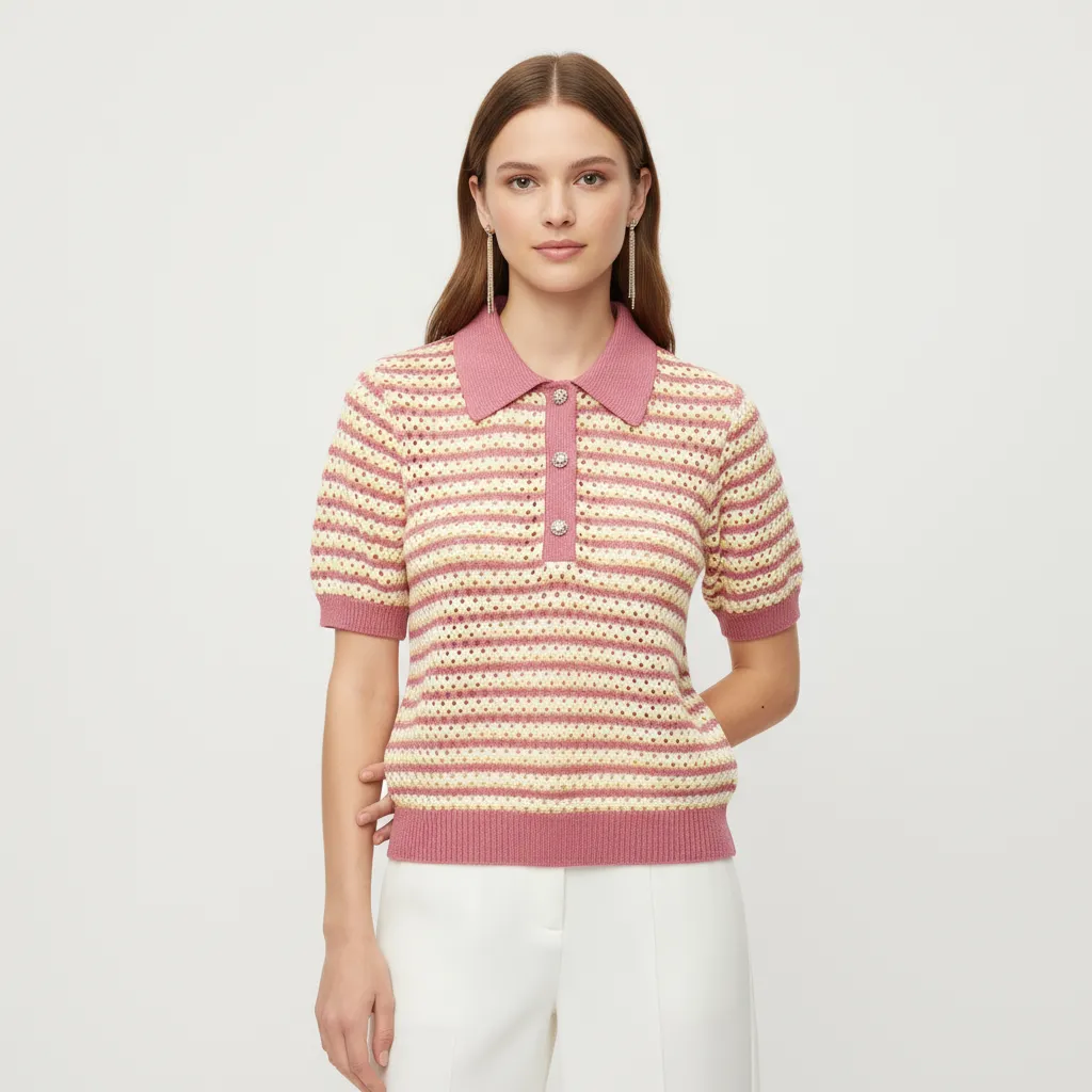 Women's Striped Crochet Knit Polo Shirt - Short Sleeve Collared Top with Decorative Buttons