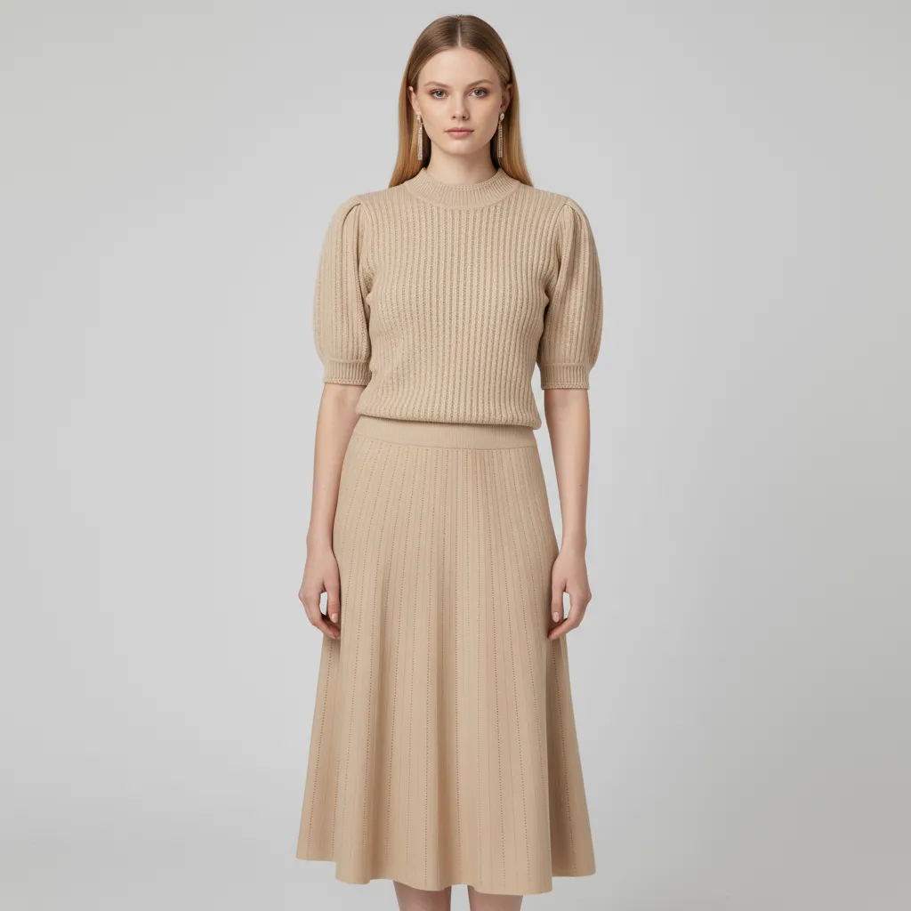 Women's Custom Beige Knitted Co-ord Set: Puff-Sleeve Top & Flared Midi Skirt for Tailored Elegance