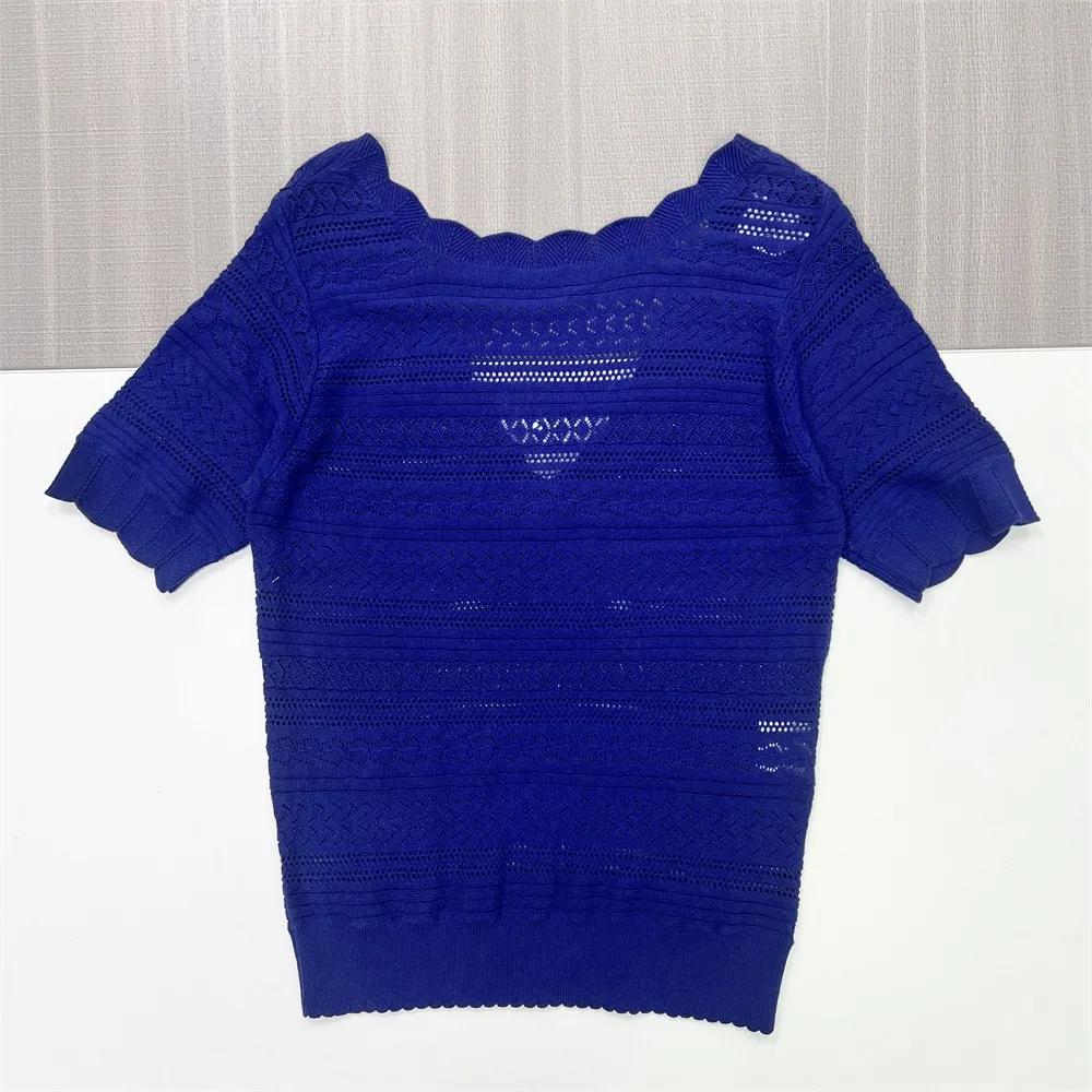 Women's Custom Hollow-Out Knitted Top: Scalloped V-Neck & Sleeves for Tailored Elegance
