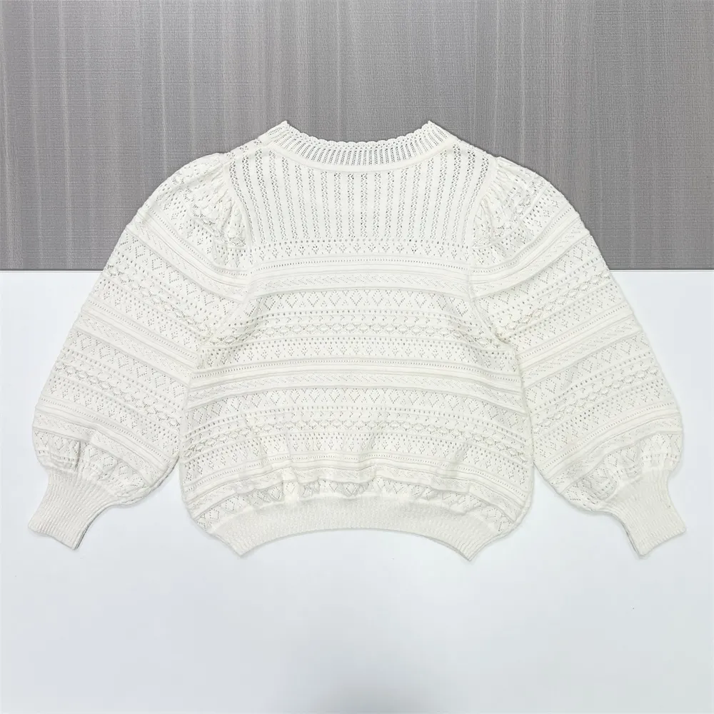 Custom Women's White Hollow-Out Knitted Sweater with Puff Sleeves, Chic & Elegant
