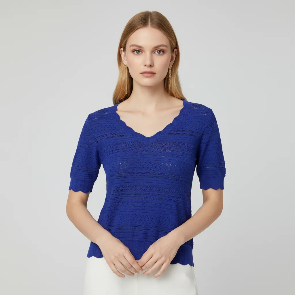 Women's Custom Hollow-Out Knitted Top: Scalloped V-Neck & Sleeves for Tailored Elegance