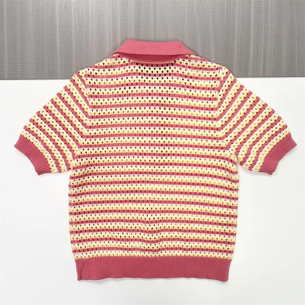 Women's Striped Crochet Knit Polo Shirt - Short Sleeve Collared Top with Decorative Buttons