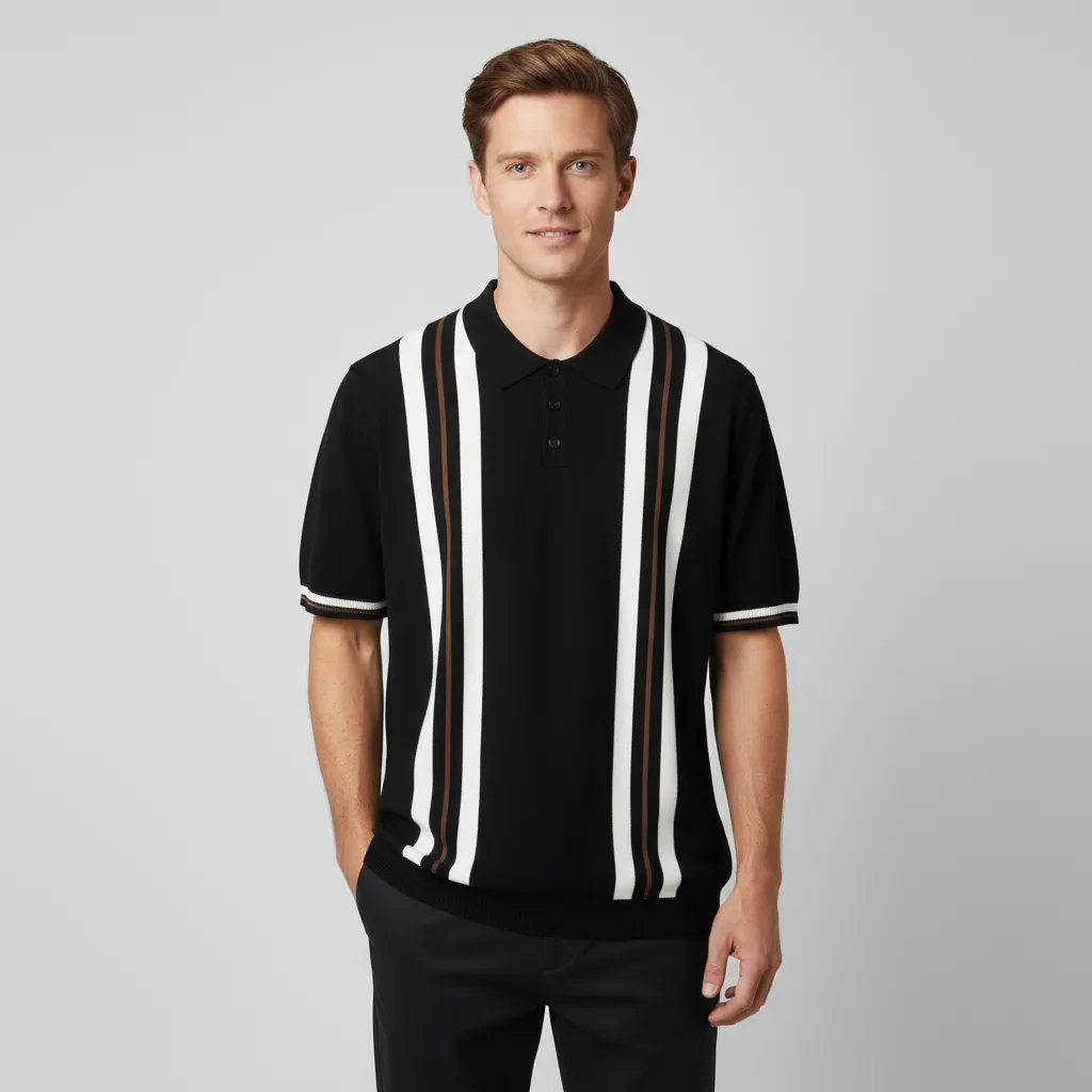 Custom Men's Striped Knit Polo Shirt - Short Sleeve Collared Top, Color & Yarn Customizable