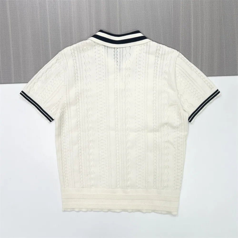 Men's Custom White Knitted Polo Shirt with Striped Details for B2B Tailoring