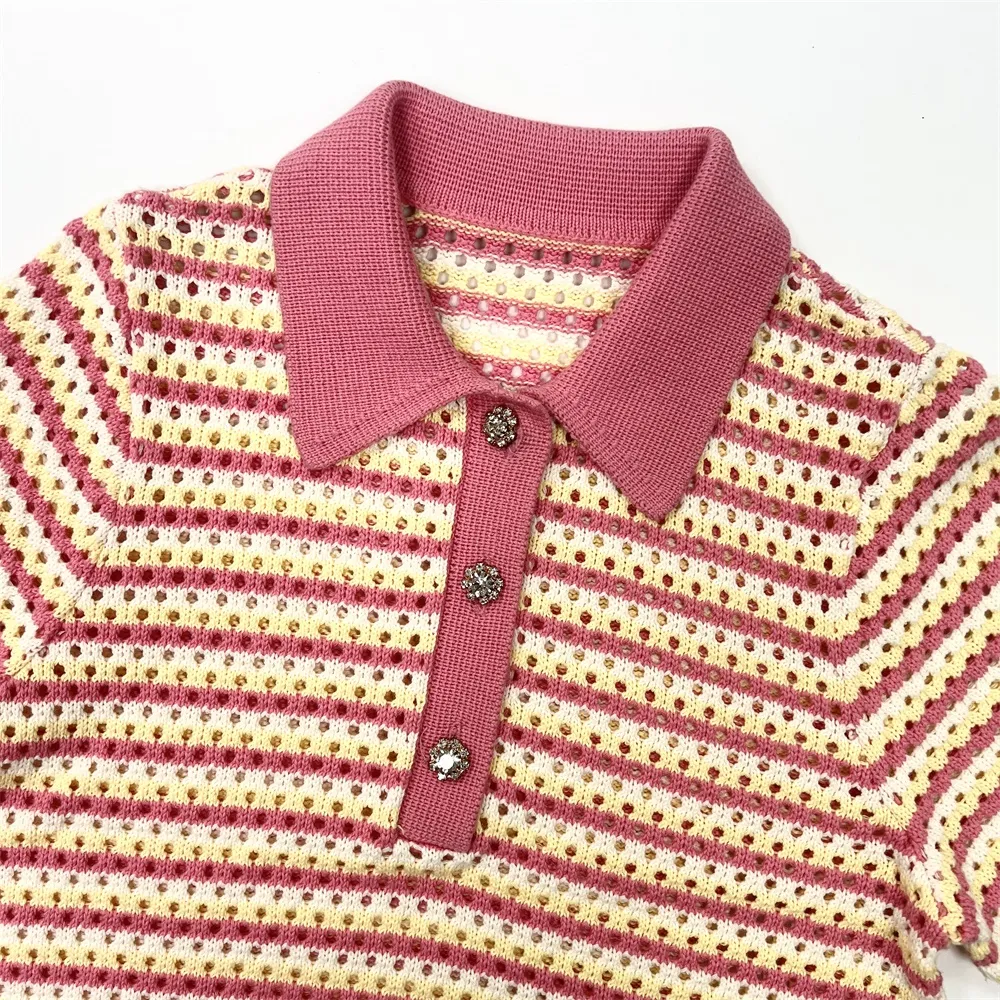 Women's Striped Crochet Knit Polo Shirt - Short Sleeve Collared Top with Decorative Buttons