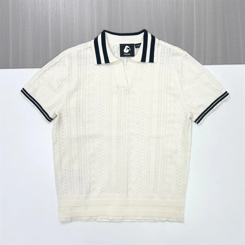 Men's Custom White Knitted Polo Shirt with Striped Details for B2B Tailoring