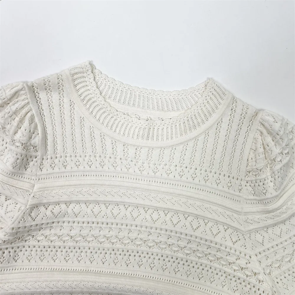 Custom Women's White Hollow-Out Knitted Sweater with Puff Sleeves, Chic & Elegant