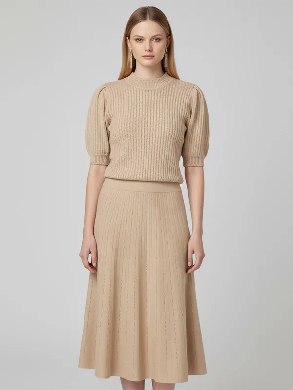 Women's Custom Beige Knitted Co-ord Set: Puff-Sleeve Top & Flared Midi Skirt for Tailored Elegance
