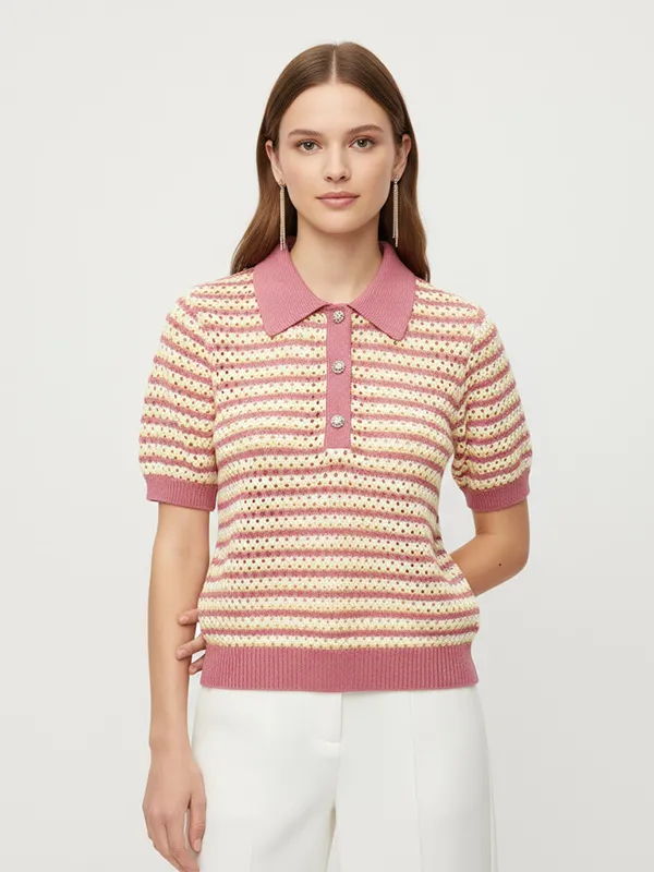 Women's Striped Crochet Knit Polo Shirt - Short Sleeve Collared Top with Decorative Buttons