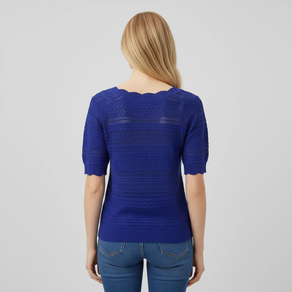Women's Custom Hollow-Out Knitted Top: Scalloped V-Neck & Sleeves for Tailored Elegance
