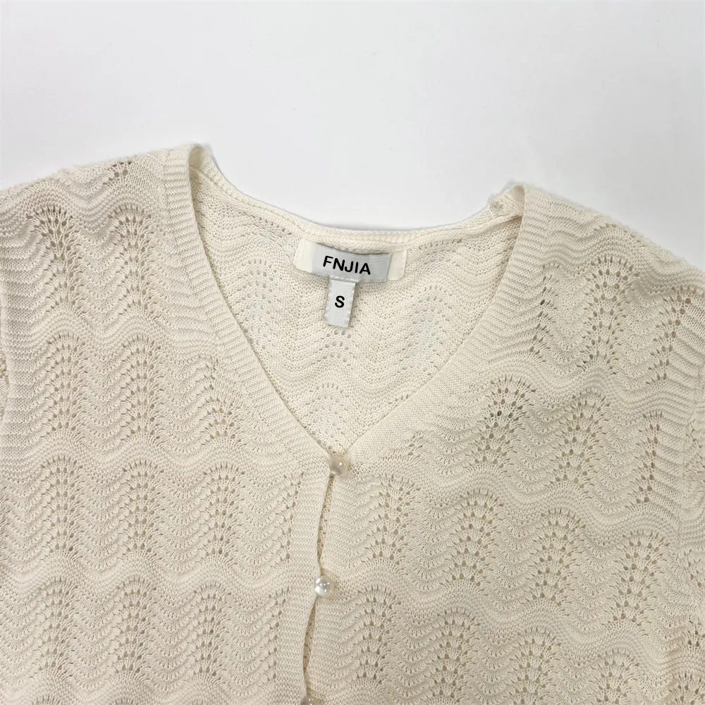 Women's Custom Hollow-Out Knitted Cardigan: Scalloped Edge, V-Neck, Pearl Buttons for Tailored Chic
