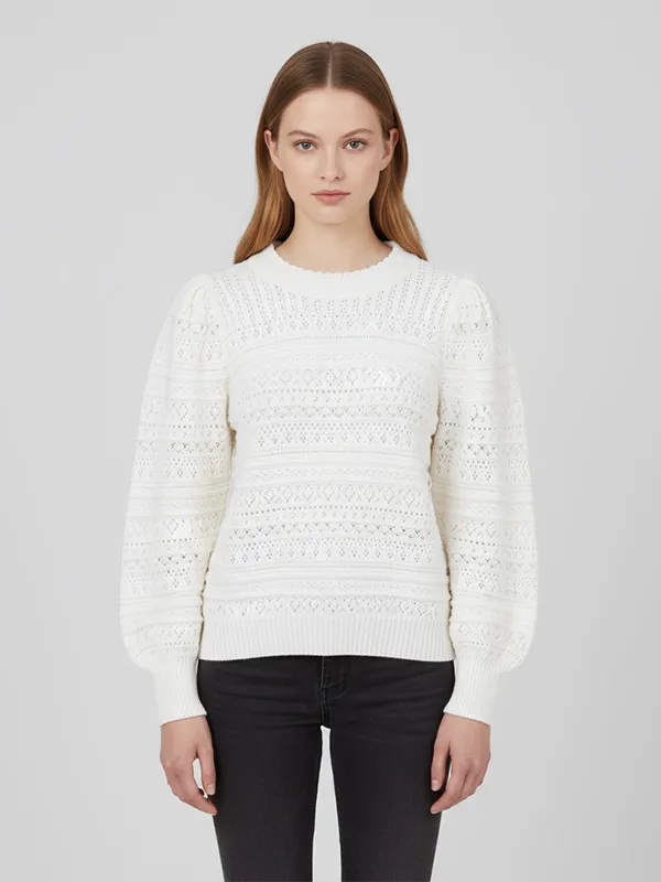 Custom Women's White Hollow-Out Knitted Sweater with Puff Sleeves, Chic & Elegant