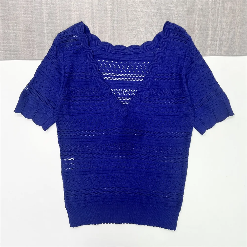 Women's Custom Hollow-Out Knitted Top: Scalloped V-Neck & Sleeves for Tailored Elegance